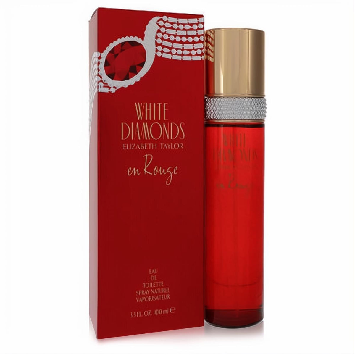 Elizabeth Taylor White Diamonds en Rouge 3.3 oz EDT spray, a luxurious red bottle with gold cap and diamond band, beside its elegant red box.