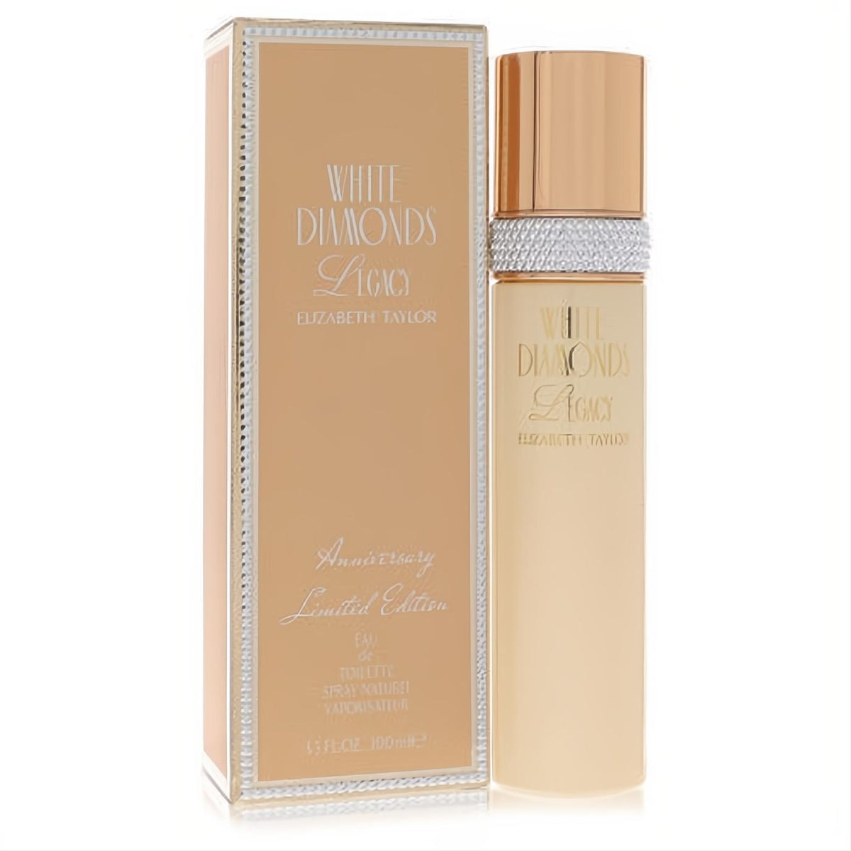 Exquisite White Diamonds Legacy 3.3 oz EDT spray. Frosted peach bottle, sparkling crystal band, and elegant rose gold cap.
