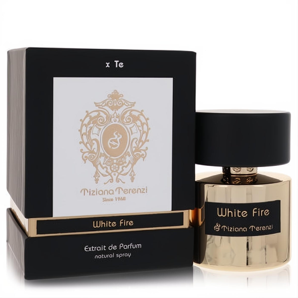 Radiant gold Tiziana Terenzi White Fire Extrait De Parfum bottle with black cap and label, paired with its elegant black box featuring a gold crest.
