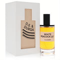 Elevate your scent with D.S. & Durga White Peacock Lily 100ml eau de parfum. Golden liquid in a clear glass bottle, white branded box.