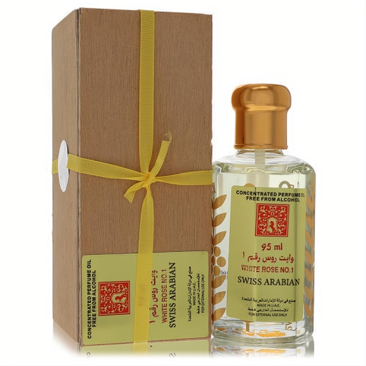 Luxurious Swiss Arabian White Rose No 1 95ml concentrated perfume oil, clear bottle, gold cap, kraft gift box with yellow ribbon.