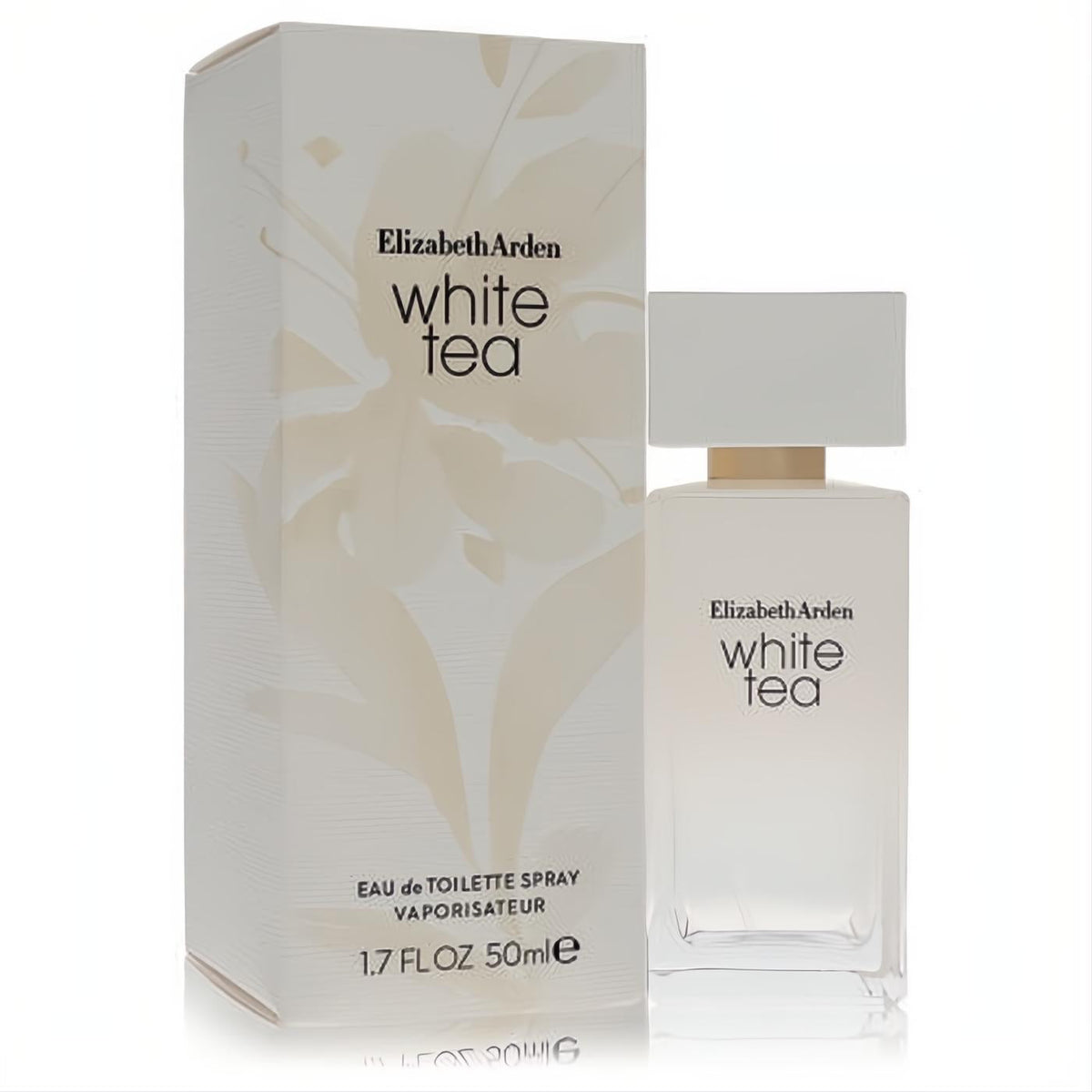 Elizabeth Arden White Tea 1.7 oz EDT spray. Frosted glass bottle with white cap and gold accent, next to its elegant leaf-patterned box.