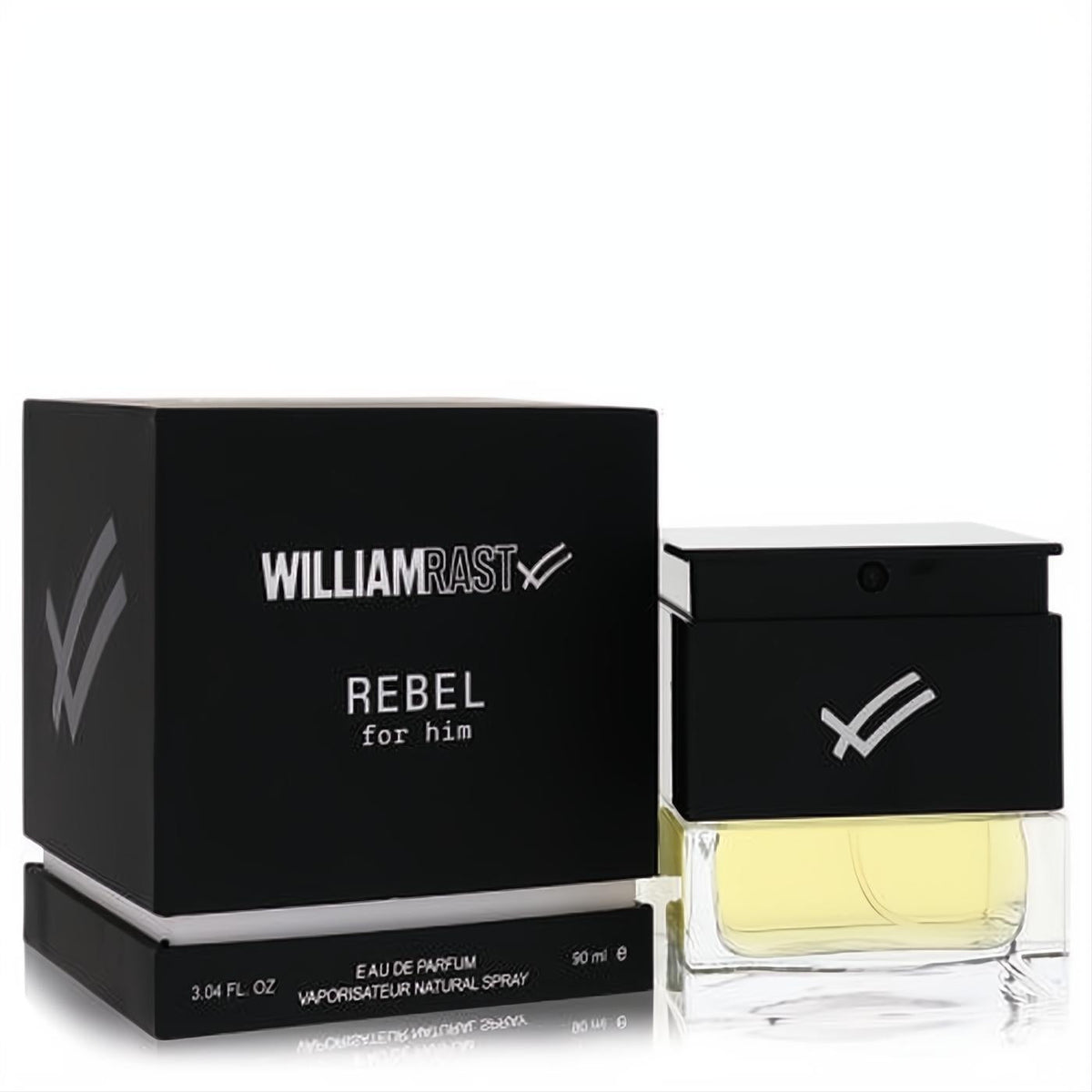 Bold William Rast Rebel for him 3.04 oz Eau De Parfum spray. Sleek clear bottle with black cap and signature black box.