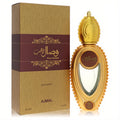 Exquisite Ajmal Wisal Dhahab 1.7 oz EDP in an ornate gold bottle with clear window, next to its textured gold and maroon box.