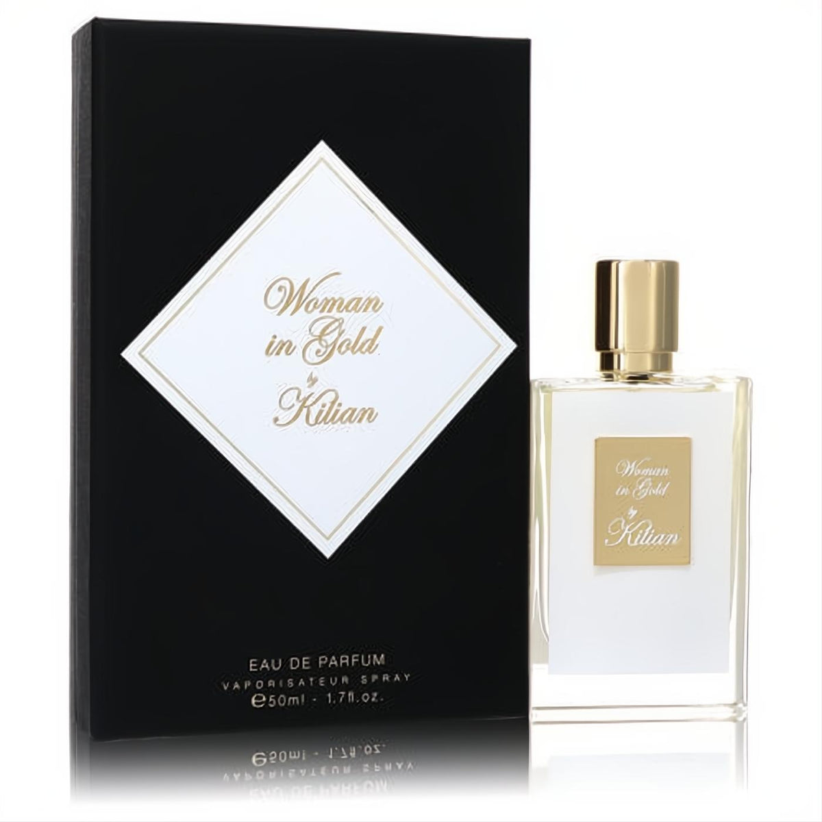 Elegant clear glass bottle with gold cap, luxurious black box with white diamond label for Woman in Gold by Kilian 1.7 oz EDP.
