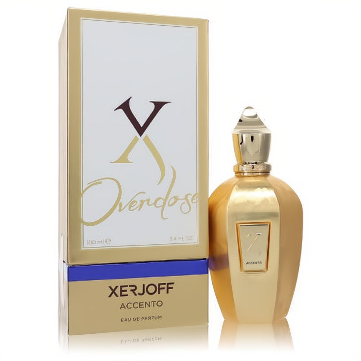 Xerjoff Accento Overdose 3.4 oz unisex EDP. Opulent gold bottle and elegant gold/white box with blue accent.
