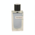Modern Y by Yves Saint Laurent Eau De Toilette spray. Clear glass bottle, light blue liquid, silver YSL label, black ribbed cap.