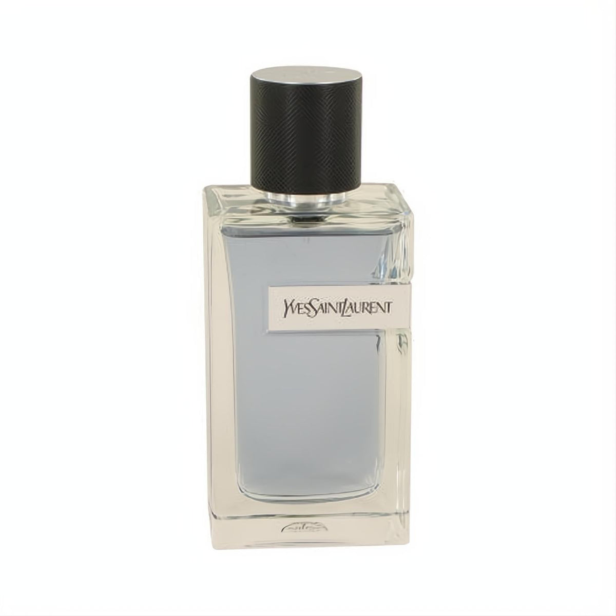 Modern Y by Yves Saint Laurent Eau De Toilette spray. Clear glass bottle, light blue liquid, silver YSL label, black ribbed cap.