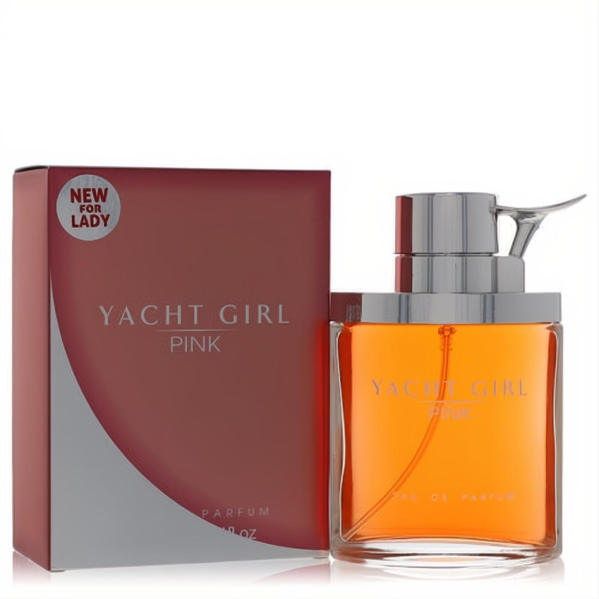 New Yacht Girl Pink 3.4 oz Eau De Parfum. Sleek glass bottle with vibrant orange liquid, unique silver cap, and elegant pink box.