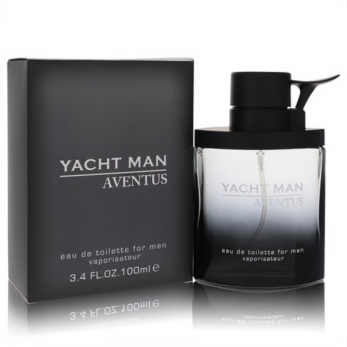Yacht Man Aventus 3.4 oz EDT for men. Modern clear-to-black gradient bottle and sleek matte black box.