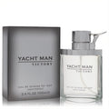 Yacht Man Victory 3.4 oz men's EDT. Sophisticated silver box and clear glass bottle with a distinctive metallic sprayer.