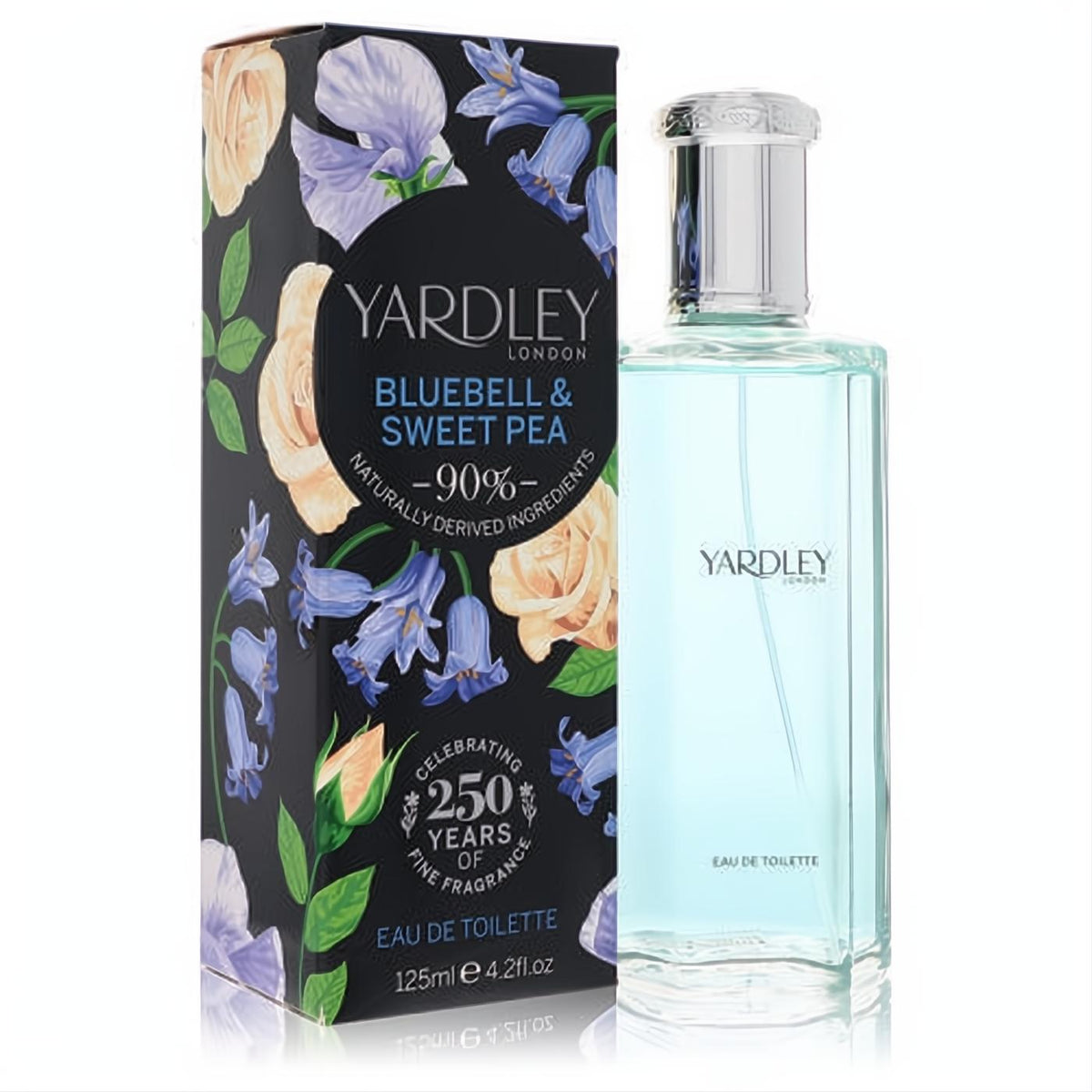 Yardley Bluebell & Sweet Pea 4.2 oz EDT. Fresh light blue fragrance in a sleek bottle, with a vibrant floral black box.