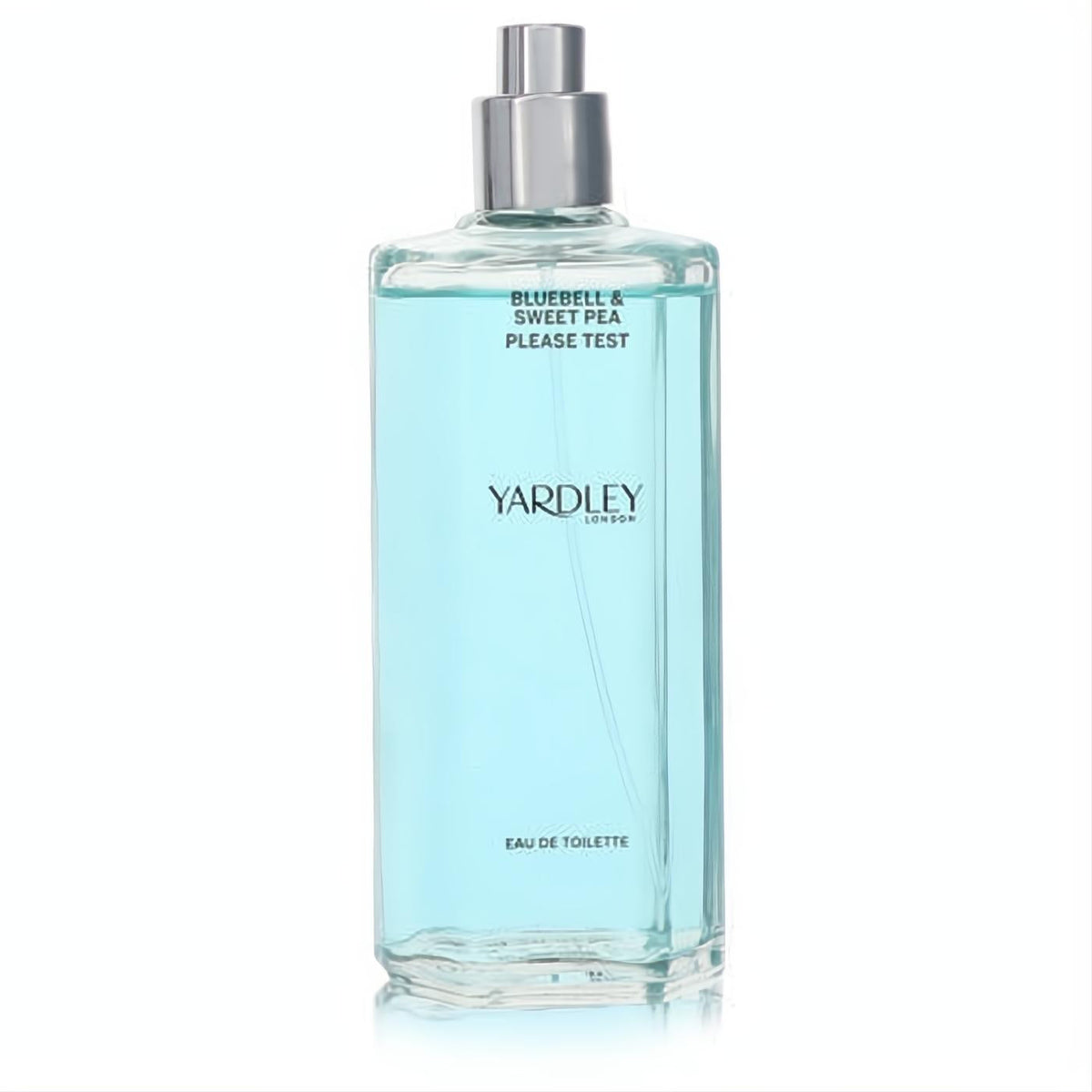 Experience Yardley Bluebell & Sweet Pea women's EDT tester, 4.2 oz. Sleek clear glass bottle with captivating blue liquid, silver cap.