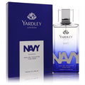 Sophisticated Yardley Navy 3.4 oz EDT. Clear glass bottle fades to deep blue with bold silver "NAVY" and sleek cap.