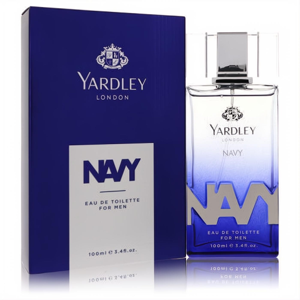 Sophisticated Yardley Navy 3.4 oz EDT. Clear glass bottle fades to deep blue with bold silver "NAVY" and sleek cap.