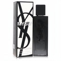 Yves Saint Laurent Myslf 2 oz men's EDP. Sleek black refillable bottle with embossed YSL logo, beside its modern black and white box.
