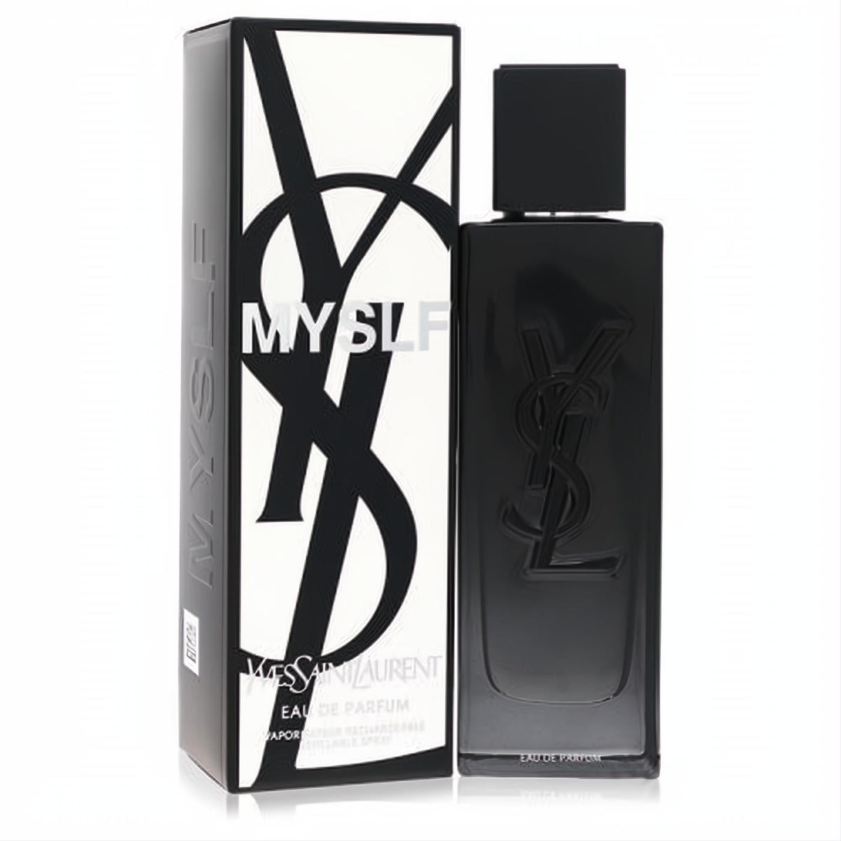Yves Saint Laurent Myslf 2 oz men's EDP. Sleek black refillable bottle with embossed YSL logo, beside its modern black and white box.