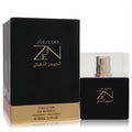 Luxurious Shiseido Zen Gold Elixir Eau De Parfum, 3.3 fl oz. Elegant black bottle with radiant gold accents.