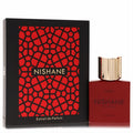 Nishane Zenne Extrait De Parfum: bold red bottle with elegant gold cap, alongside its striking black box featuring a red geometric design.