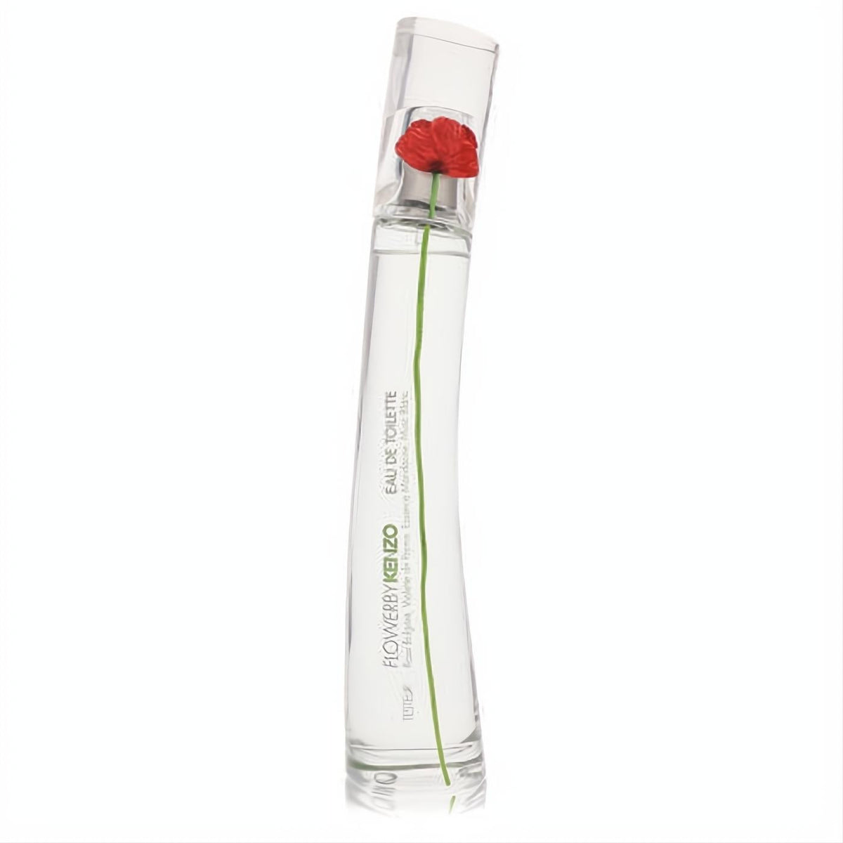 Kenzo Flower 1.7 oz EDT tester. Iconic clear glass bottle with a vibrant red poppy and elegant green stem.