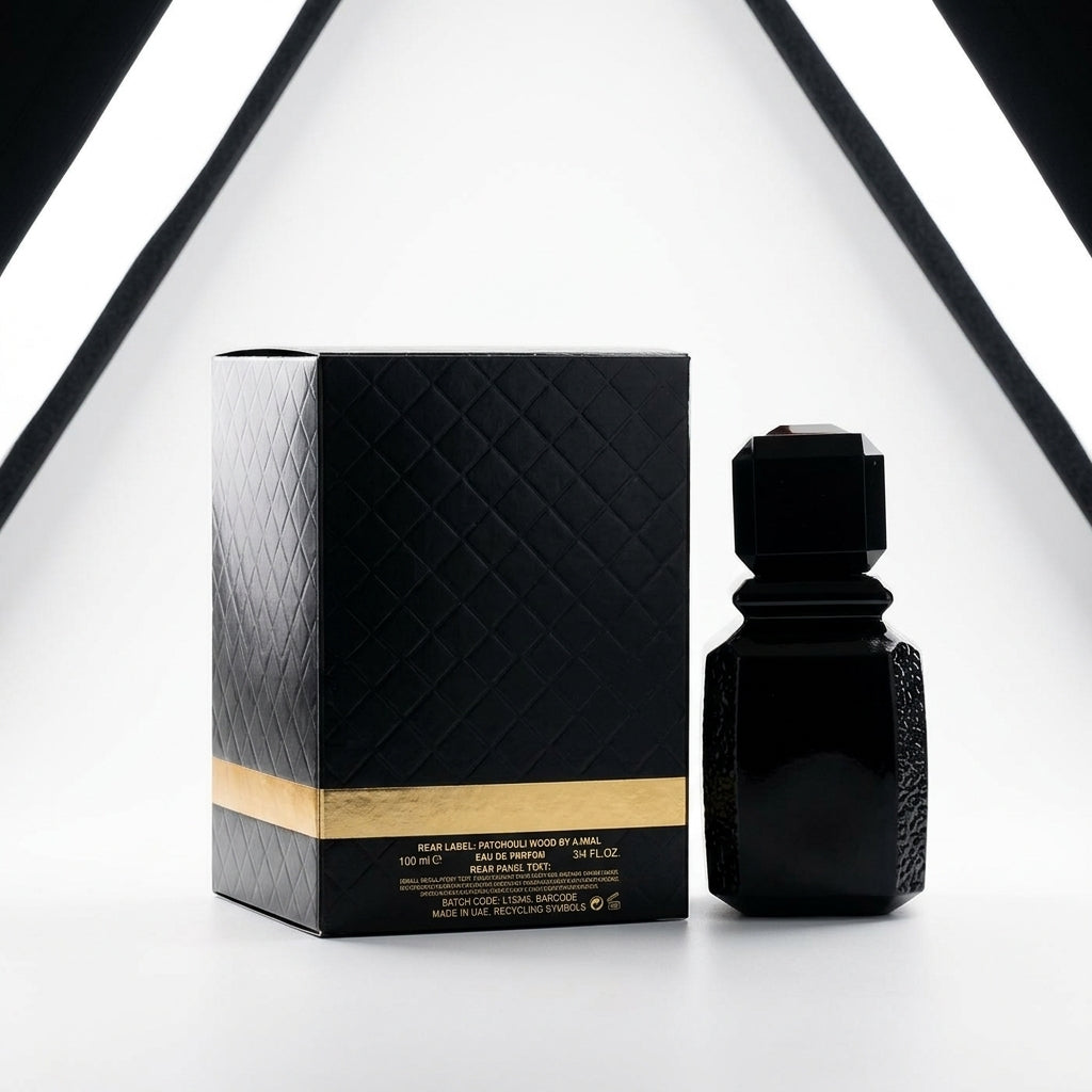 Perfume bottle and packaging box — Studio - Back View | Generated by Modelize