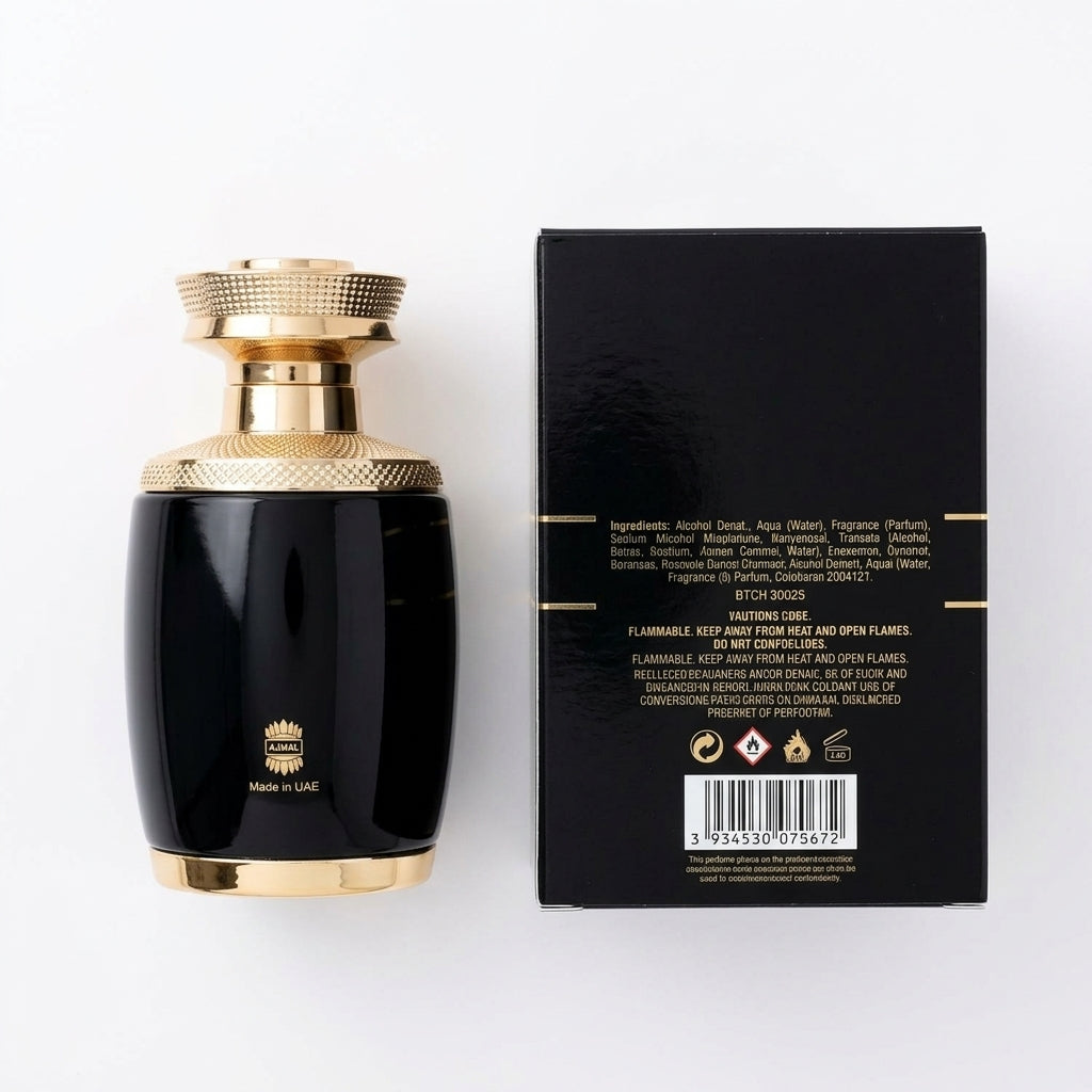 Fragrance bottle and packaging — Flat Lay - Back | Generated by Modelize