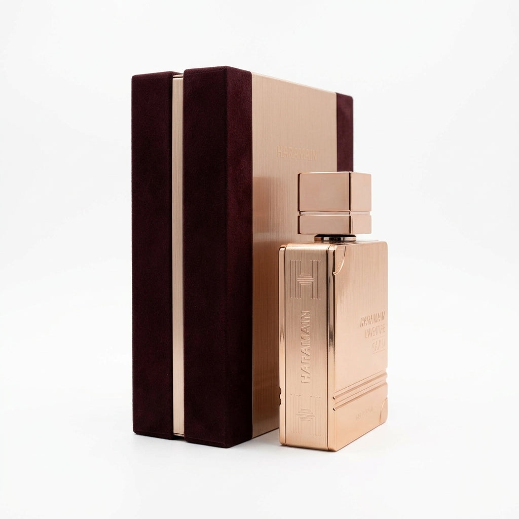 Fragrance bottle and packaging — Studio - Side View | Generated by Modelize