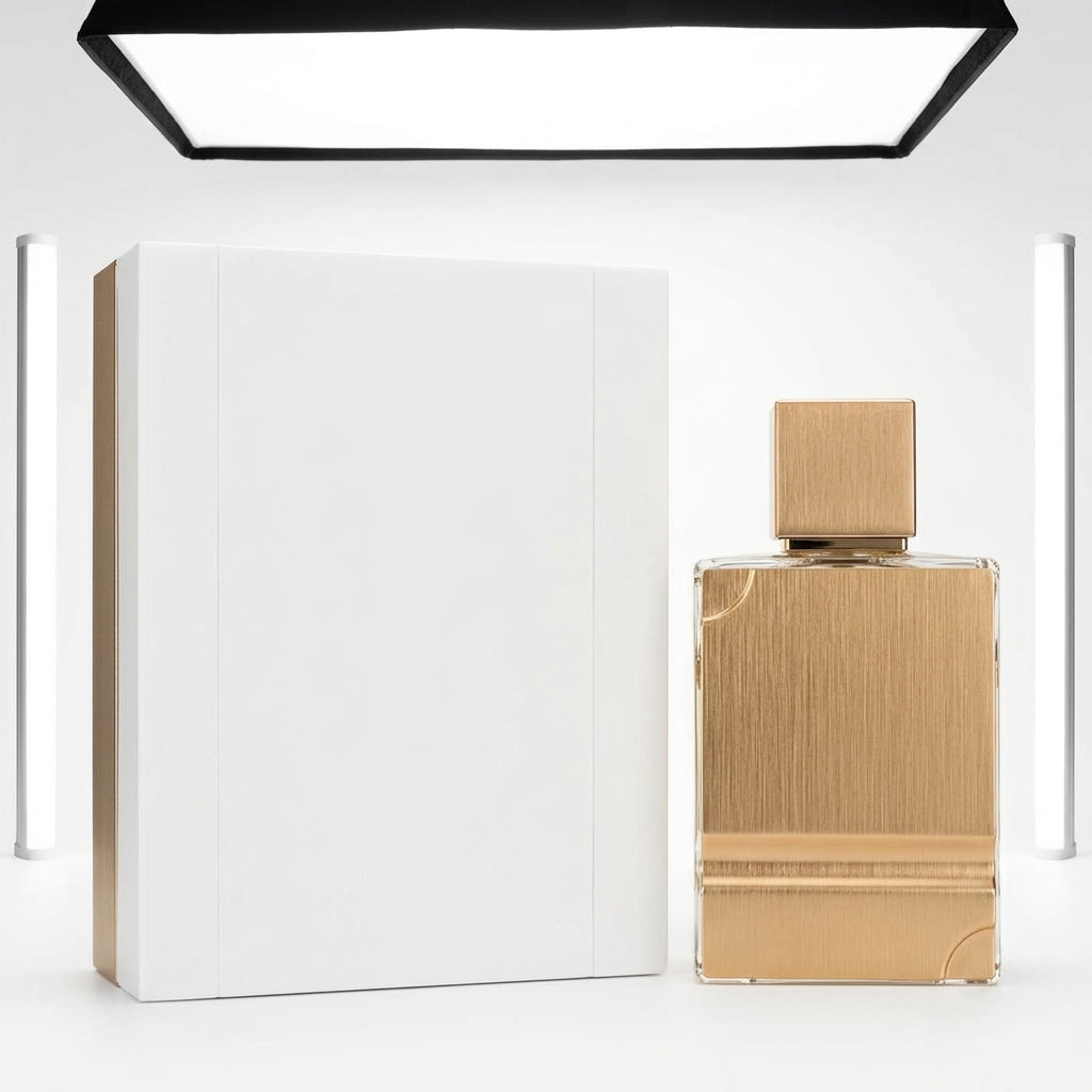 Luxury fragrance bottle and outer packaging box — Studio - Back View | Generated by Modelize