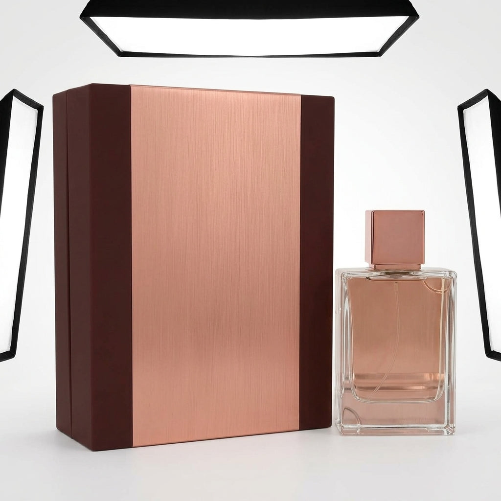 Fragrance bottle and presentation box — Studio - Back View | Generated by Modelize