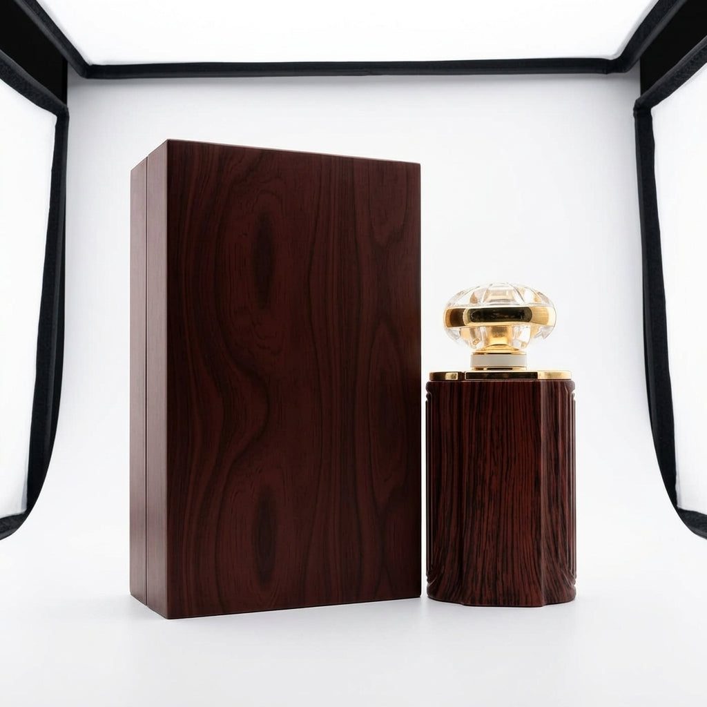 Eau de Parfum fragrance and packaging — Studio - Back View | Generated by Modelize