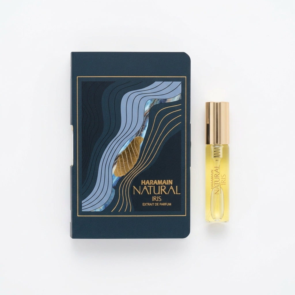 Perfume sample vial and card — Flat Lay - Front | Generated by Modelize