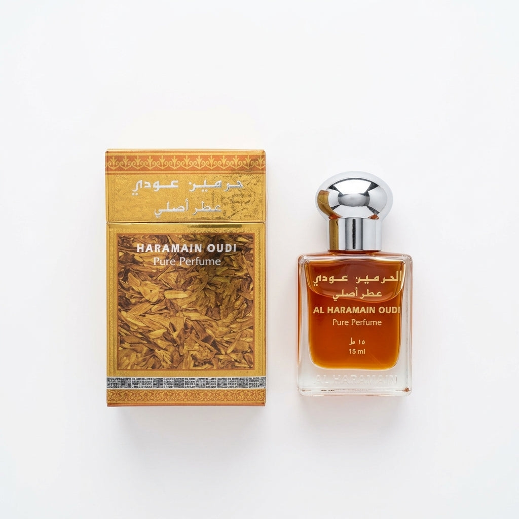 Perfume bottle and packaging — Flat Lay - Front | Generated by Modelize