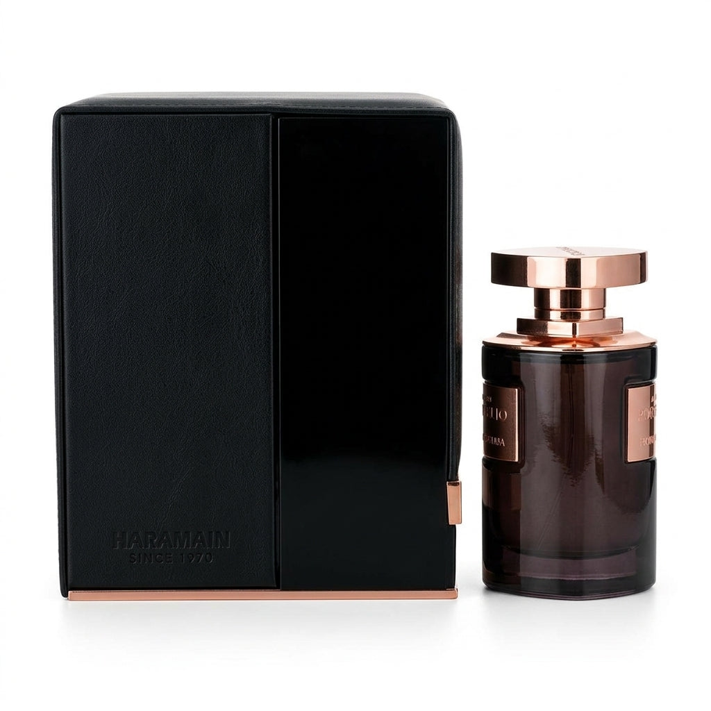 Fragrance bottle and presentation case — Studio - Side View | Generated by Modelize