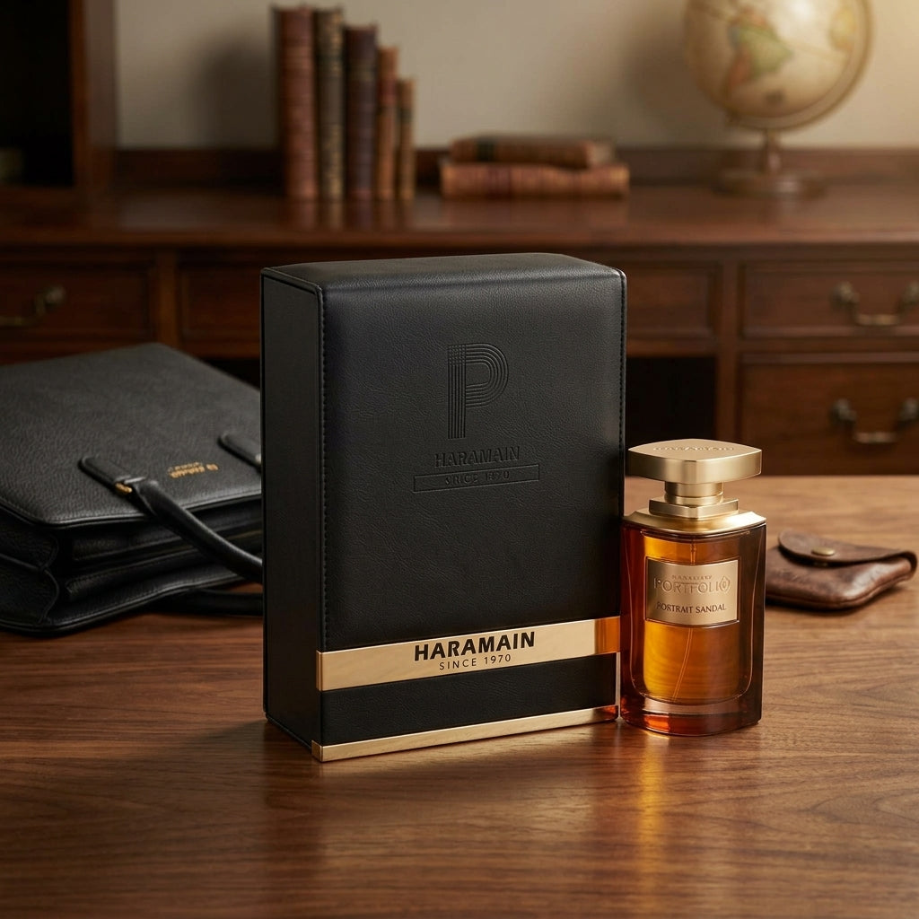 Fragrance bottle and display box set — Studio - Side View | Generated by Modelize
