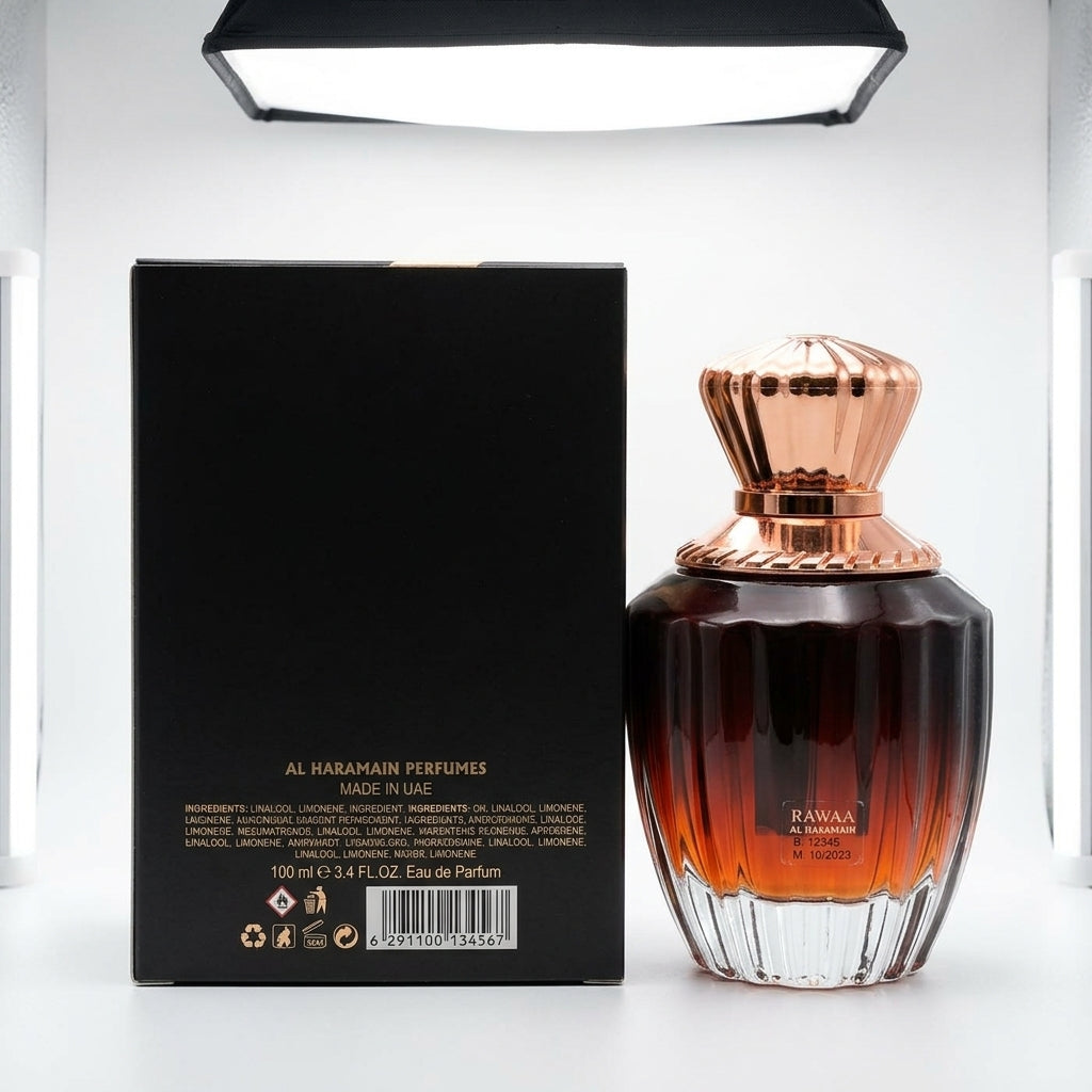 Eau De Parfum bottle and presentation box — Studio - Back View | Generated by Modelize