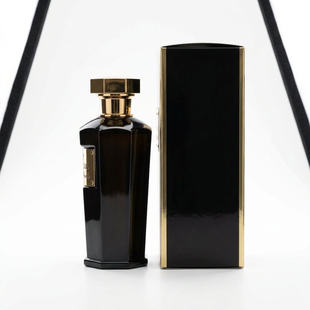 Fragrance bottle and box — Studio - Side View | Generated by Modelize