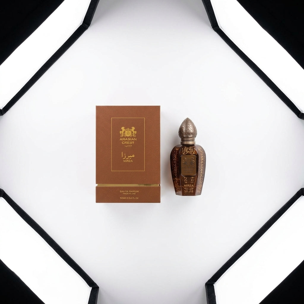 Perfume bottle and packaging box — Flat Lay - Back | Generated by Modelize