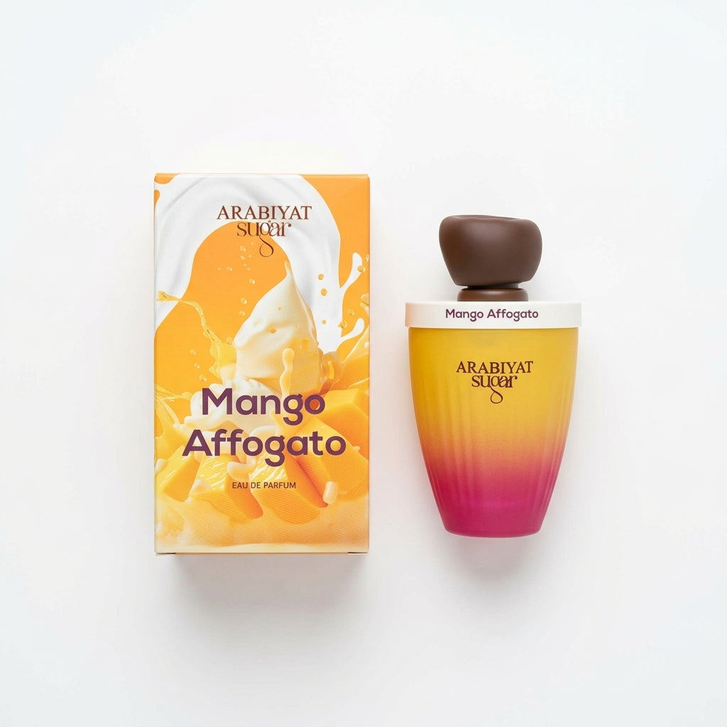 Perfume bottle and packaging — Flat Lay - Front | Generated by Modelize