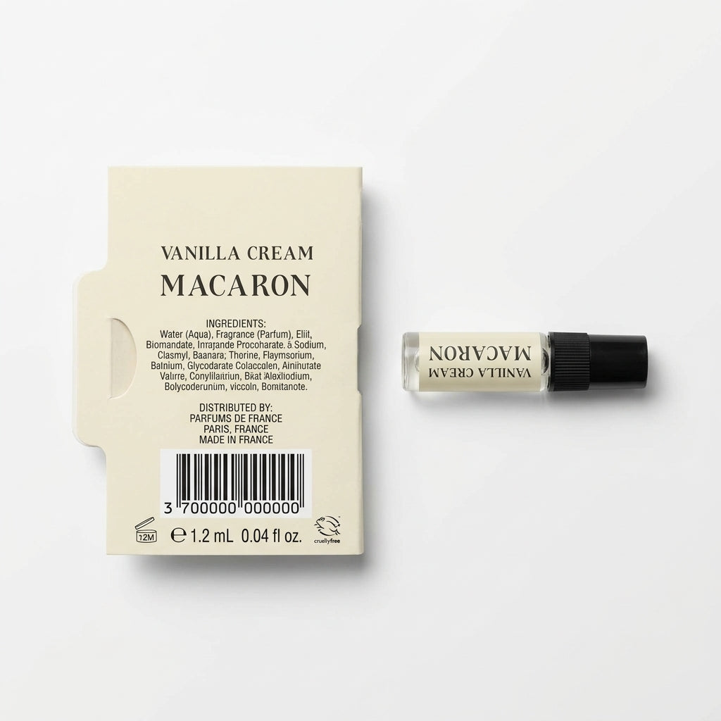 Perfume sample vial and card — Flat Lay - Back | Generated by Modelize