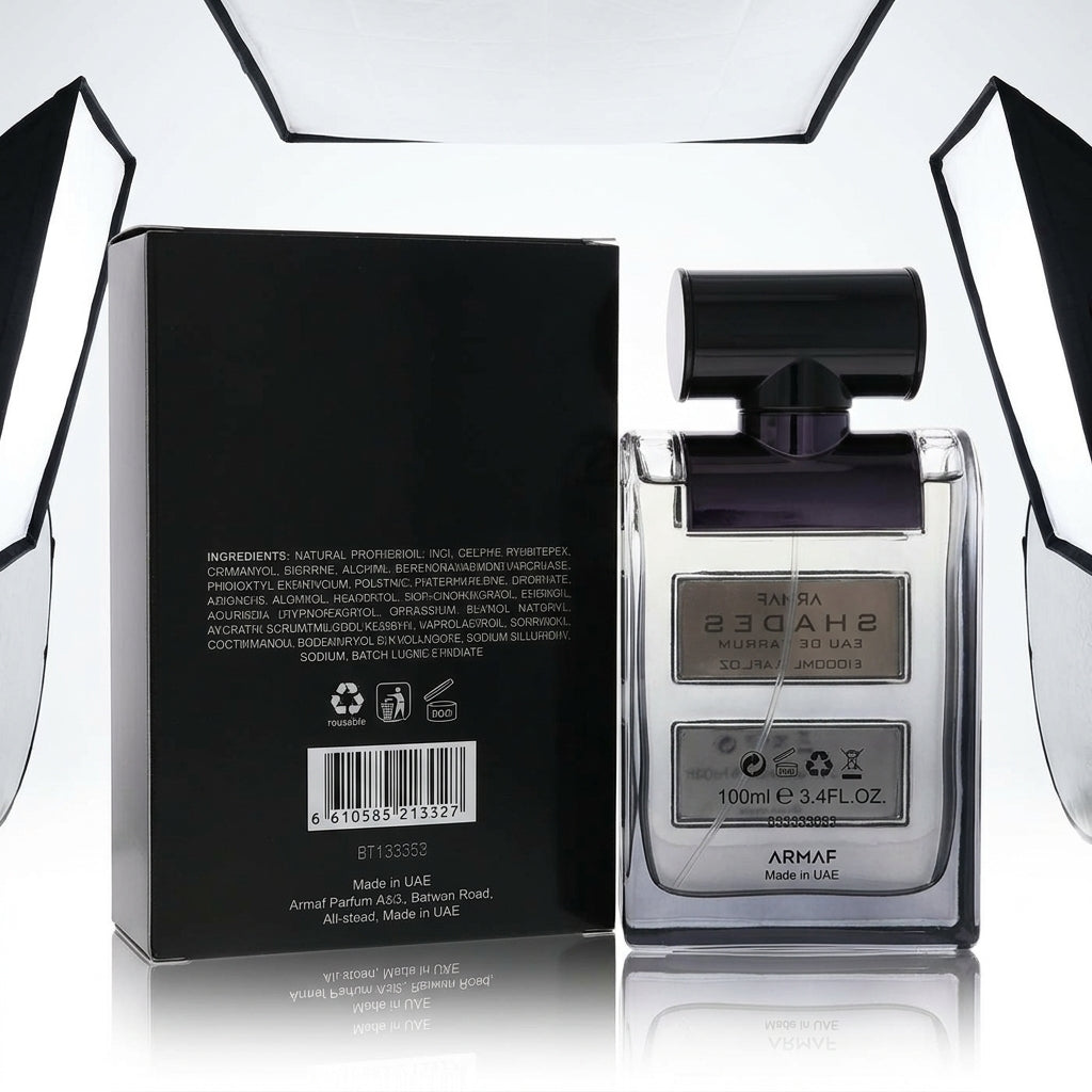 Fragrance bottle and packaging — Studio - Back View | Generated by Modelize