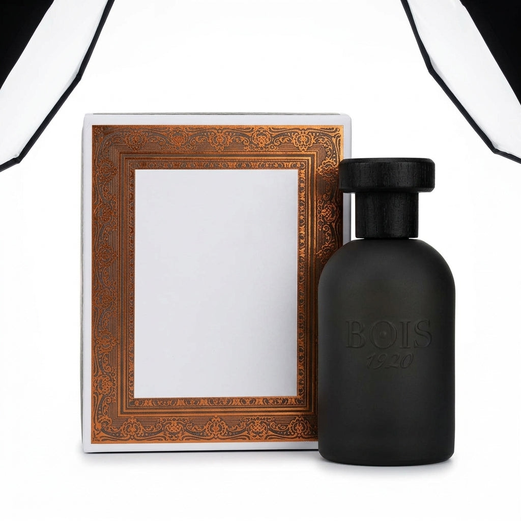 Perfume bottle and packaging — Studio - Back View | Generated by Modelize
