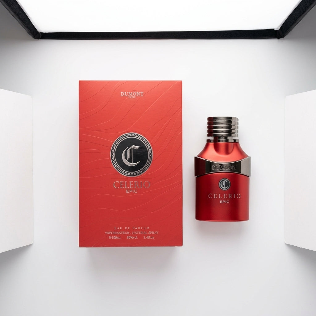 Fragrance bottle and packaging — Flat Lay - Front | Generated by Modelize