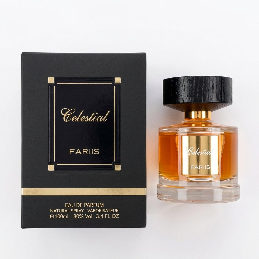Fragrance bottle and packaging — Flat Lay - Front | Generated by Modelize