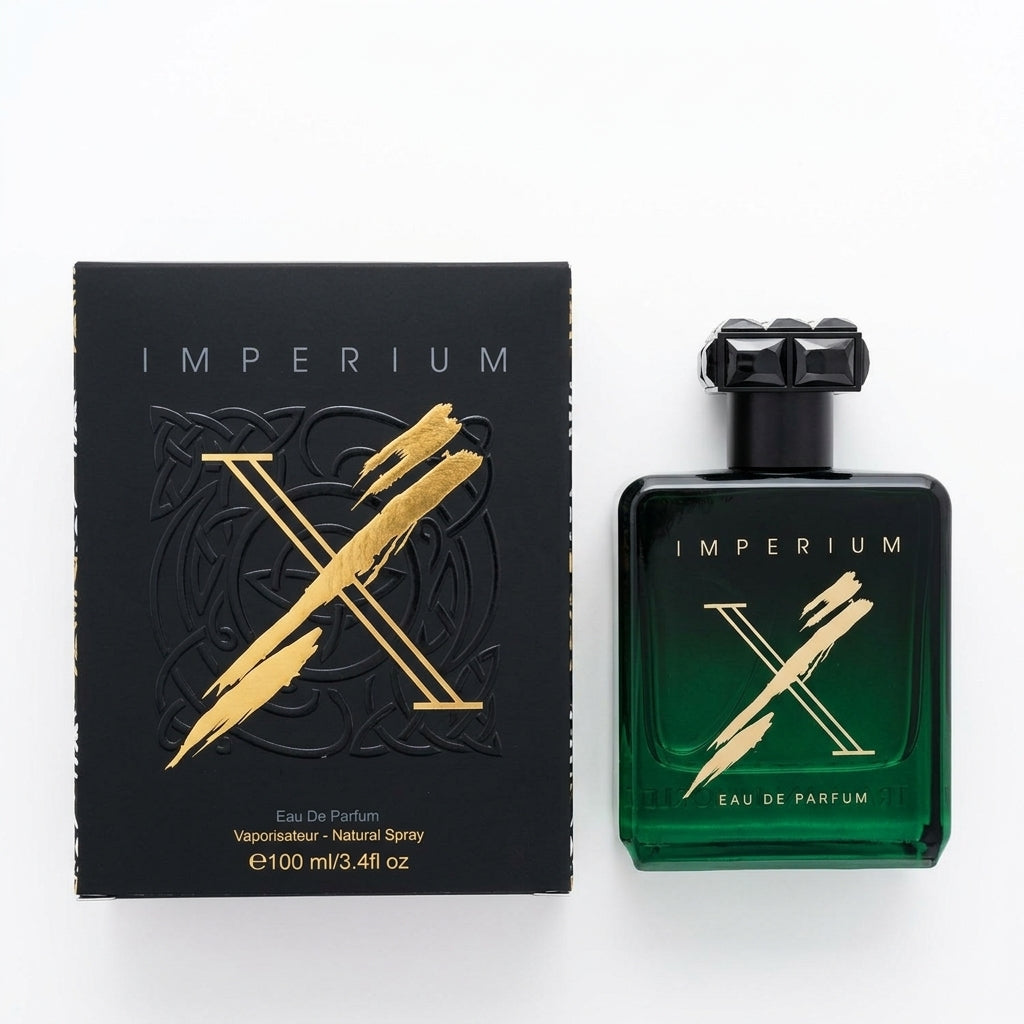 Fragrance bottle and packaging — Flat Lay - Front | Generated by Modelize