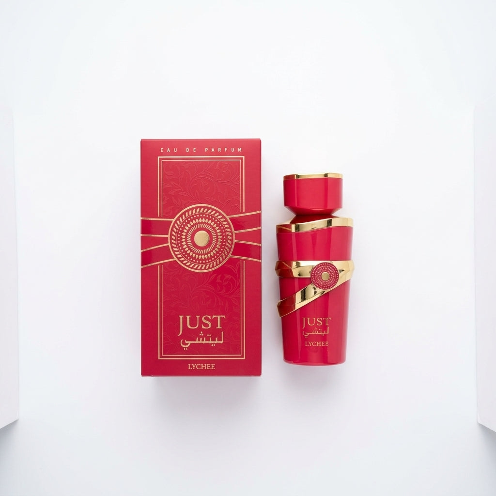 Fragrance bottle and packaging box — Flat Lay - Front | Generated by Modelize