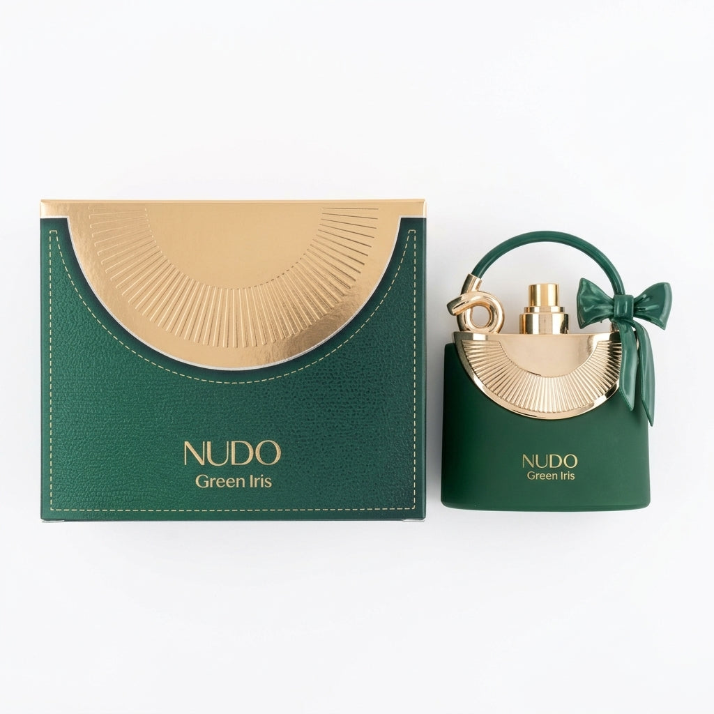 Fragrance bottle and packaging — Flat Lay - Front | Generated by Modelize