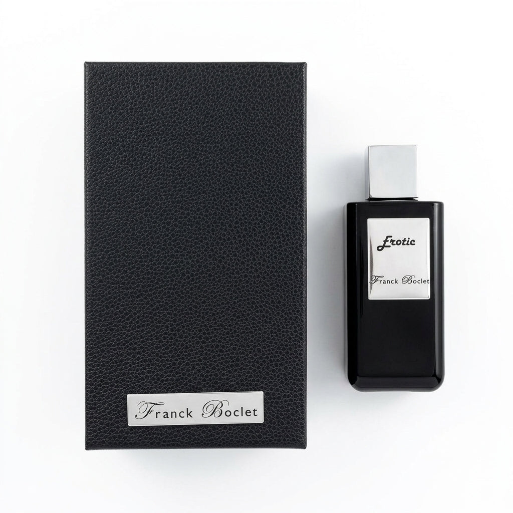 Fragrance bottle and display box — Flat Lay - Front | Generated by Modelize