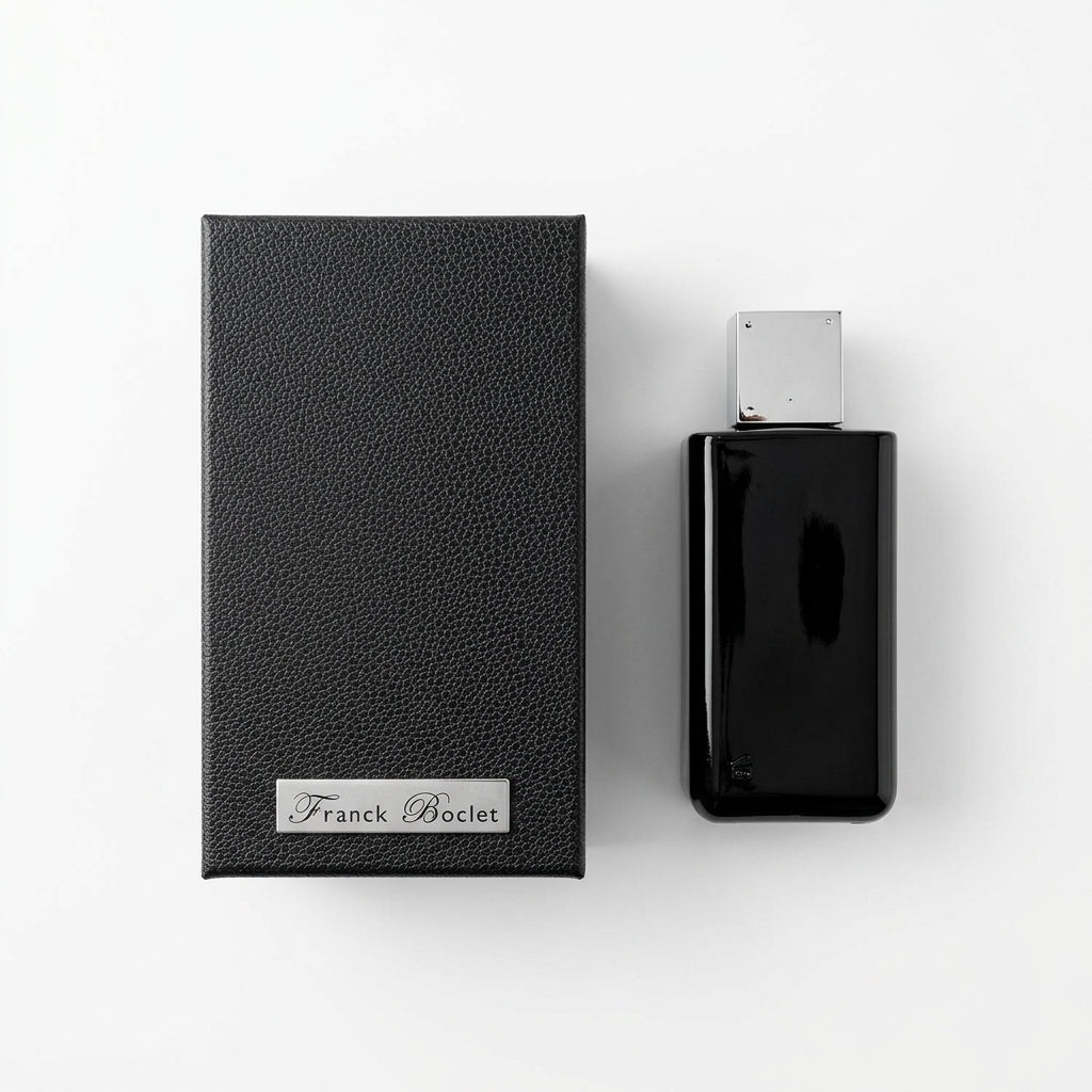 Luxury fragrance bottle and presentation box — Flat Lay - Back | Generated by Modelize