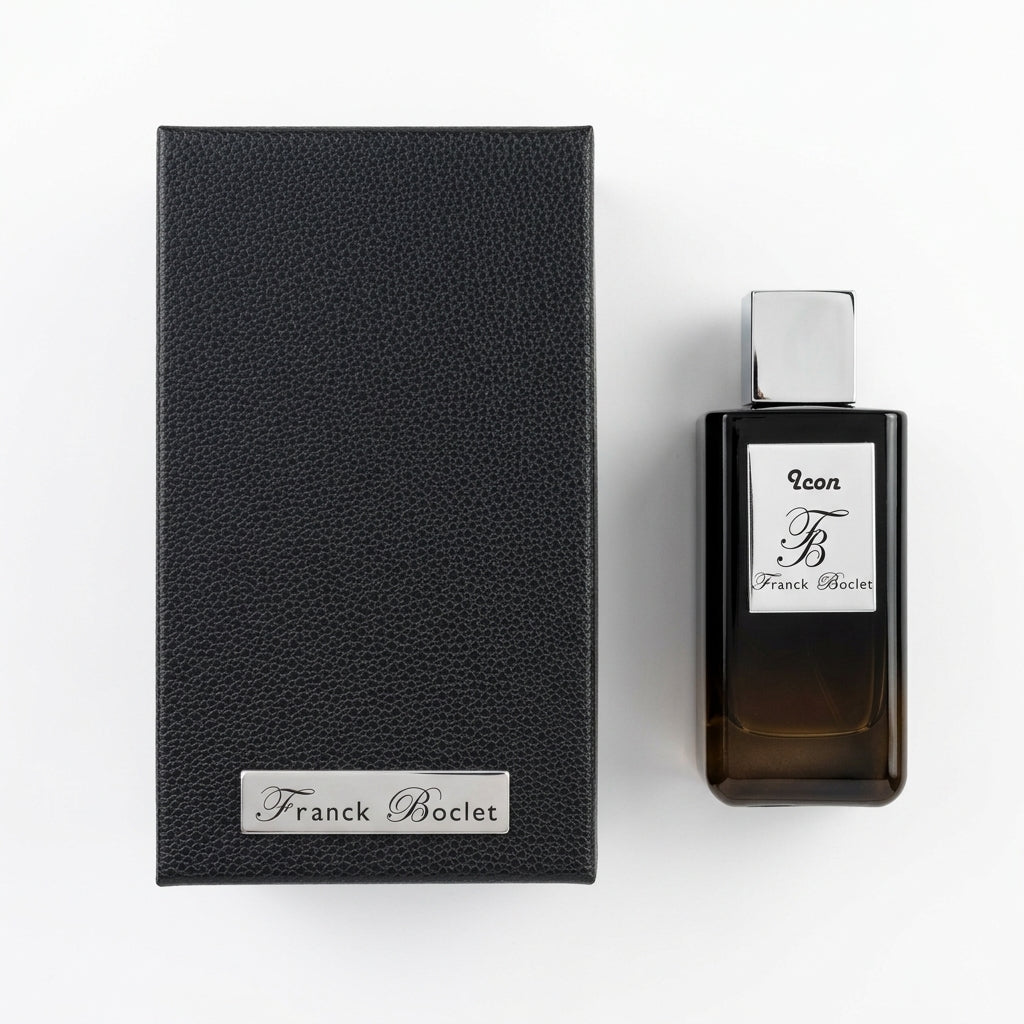 Fragrance bottle and presentation box — Flat Lay - Front | Generated by Modelize