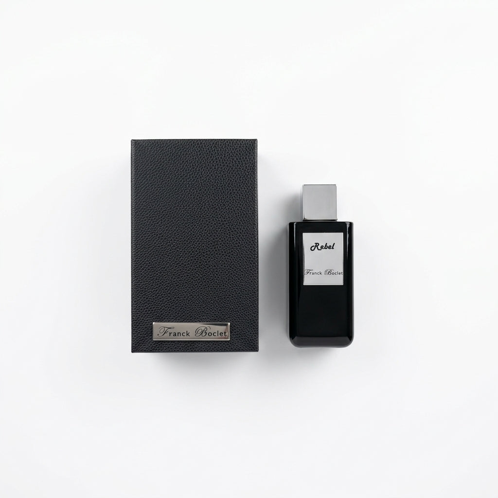 Fragrance bottle and display box — Flat Lay - Front | Generated by Modelize